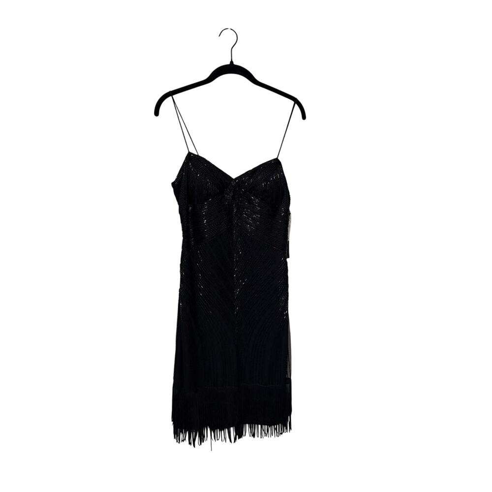 Aidan Mattox Black Spaghetti Strap Beaded Fringe Mini Dress Size Medium - Picture 2 of 6